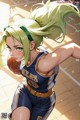 Anime girl with green hair holding a basketball.