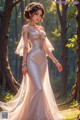 A woman in a wedding dress standing in the woods.