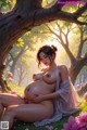 A pregnant woman sitting under a tree in a field of flowers.