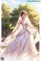 A woman in a wedding dress standing in a park.